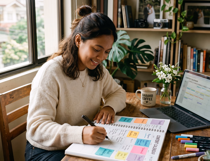 Filipino wedding photographer planning a monthly content calendar in her Quezon City home studio.