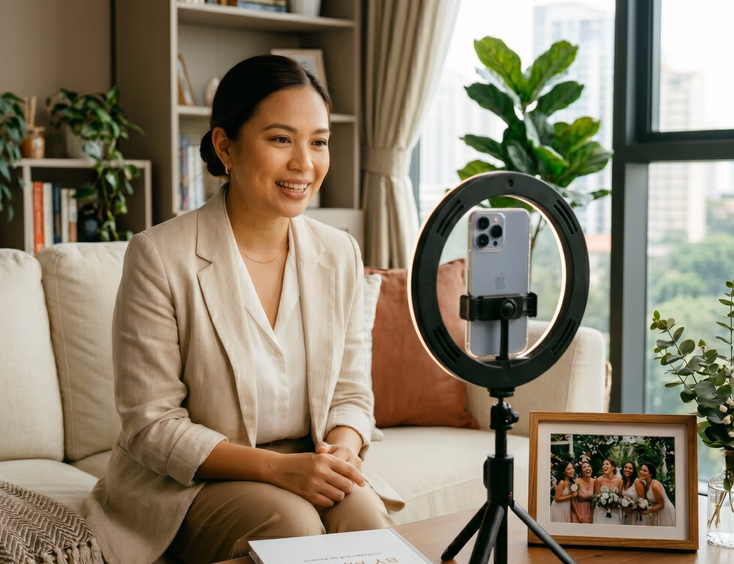 Filipino wedding coordinator recording an introductory social media video in her Makati home.