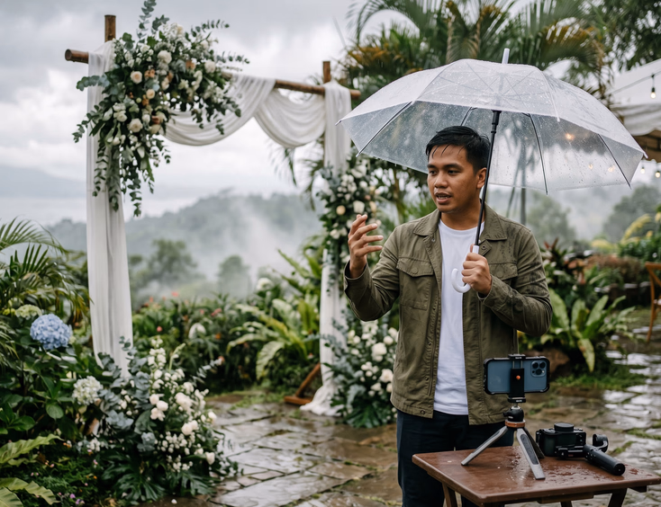 Filipino wedding videographer filming a social media video about rainy season weddings at a Tagaytay garden venue.