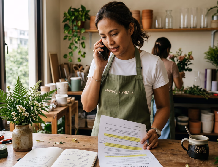 Filipino wedding florist discussing contract terms on the phone at a Pasig studio worktable.