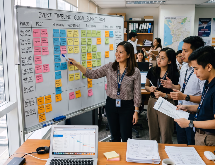 A Filipino corporate event planner maps a detailed timeline with sticky notes on a whiteboard in a Manila office with team members.