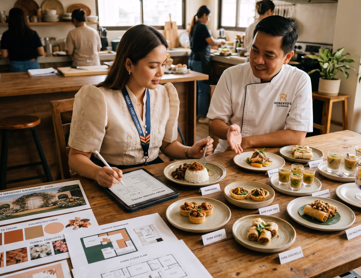 A Filipino event planner takes notes on an iPad during a menu tasting at a Manila catering studio, reviewing creative deliverables.