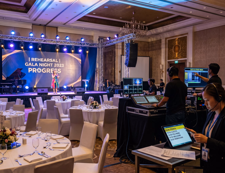 Filipino event planning team conducts a dress rehearsal in a hotel ballroom. AV technicians test lights while an emcee practices on stage.