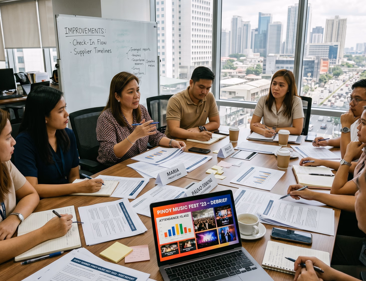 Filipino corporate event team holds a post-event debrief in a Manila office, reviewing reports and metrics on a laptop for improvements.