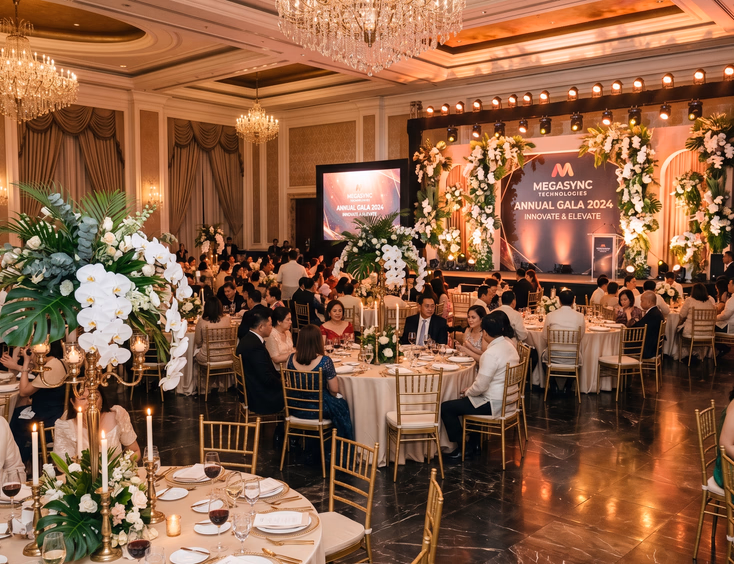 Beautifully styled Filipino corporate gala interior with round tables in champagne linens, white orchids, and a branded stage backdrop.