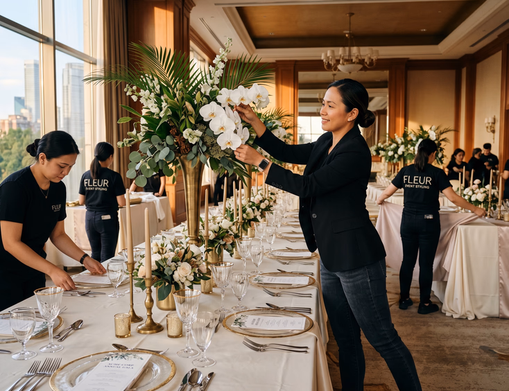 A Filipina event stylist adjusts a tall floral centerpiece on a banquet table during installation at a corporate event venue.