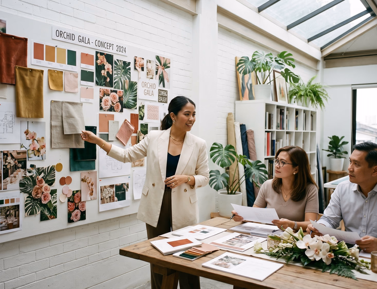 Filipina creative director presents an event styling concept and mood board to corporate clients in a sunlit design studio.