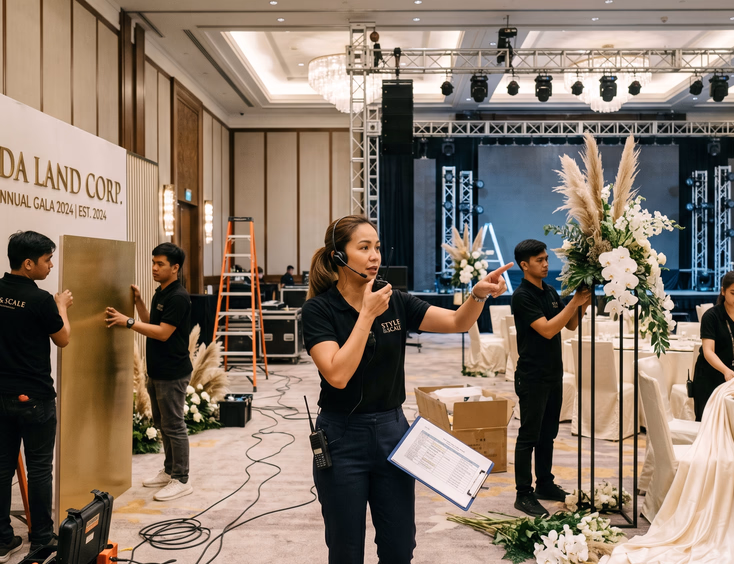 Filipino styling team installs decor for a corporate gala in a wide ballroom, setting up backdrops and floral arrangements.