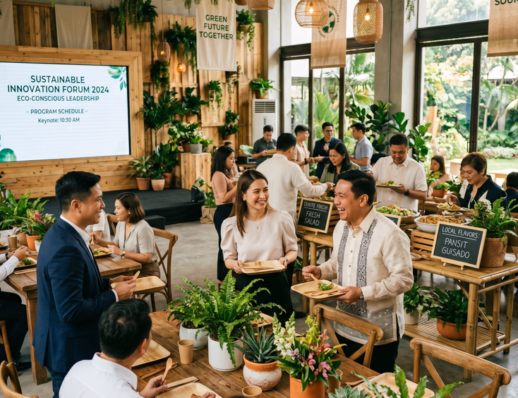 Stylish eco-friendly corporate event with sustainable wooden decor, potted greenery, digital screens, and Filipino guests enjoying a locally sourced spread.