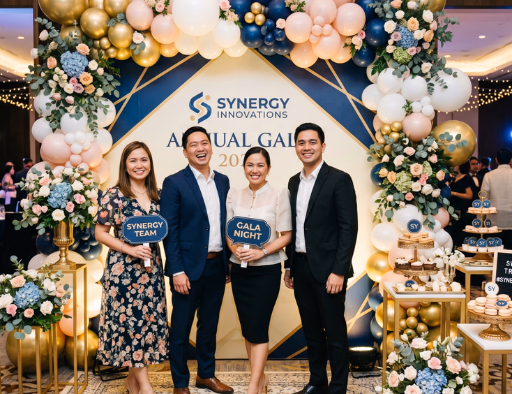 Styled corporate event photo corner featuring a branded backdrop, elegant floral arrangements, and smiling Filipino guests posing for pictures.