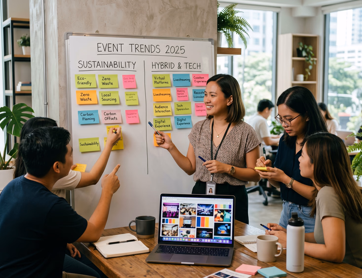 Filipino events planner reviews a trend planning board with a collaborative team, featuring sticky notes on hybrid events and sustainability themes.