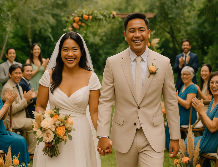 Filipino bride and groom walking down the aisle surrounded by wedding guests and outdoor decor.