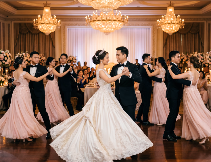 A Filipina debutante in an ivory ball gown performs a synchronized waltz with her cotillion court in a grand, softly lit ballroom.