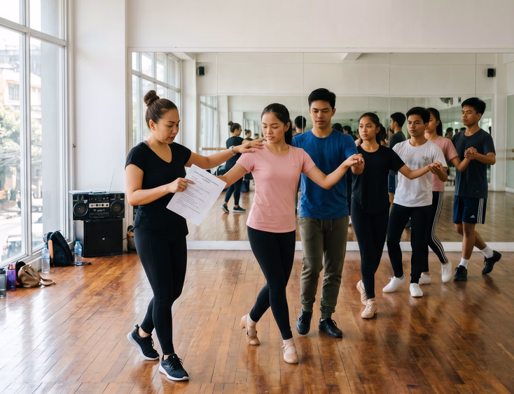 A Filipina choreographer guides the debutante and her court through waltz steps during a cotillion rehearsal in a bright dance studio.