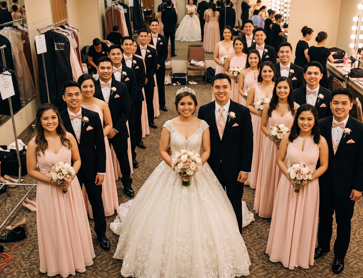 The Filipino cotillion court poses in formal attire—blush pink gowns and tuxedos—backstage with the debutante in her ivory gown.