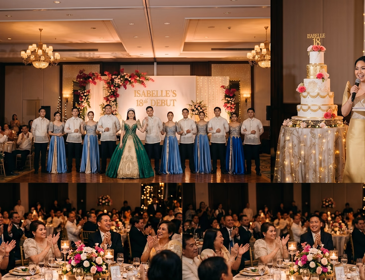 A Filipina debutante and her court take a final bow on a ballroom stage as guests applaud during the grand cotillion performance.