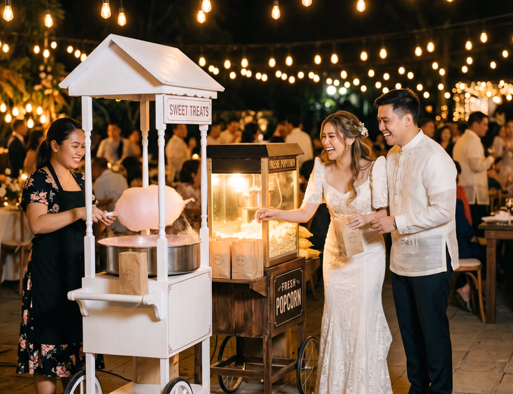 Filipino female attendant spinning pink cotton candy beside a rustic popcorn machine cart as a Filipino bride in a modern Filipiniana gown and groom in ivory barong tagalog laugh and reach for a popcorn bag at a festive Filipino wedding reception at night with Edison bulb string lights