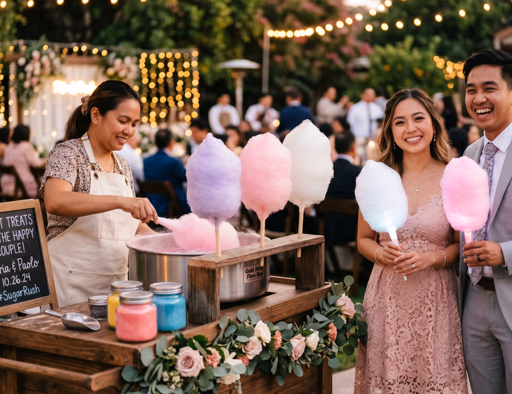 Close-up of pastel pink, lavender, and white cotton candy cones in a wooden holder as a Filipino female attendant spins a new cone while two Filipino wedding guests hold glowing LED cotton candy cones and smile beside a floral-decorated cart with a chalkboard sign at a Filipino wedding reception
