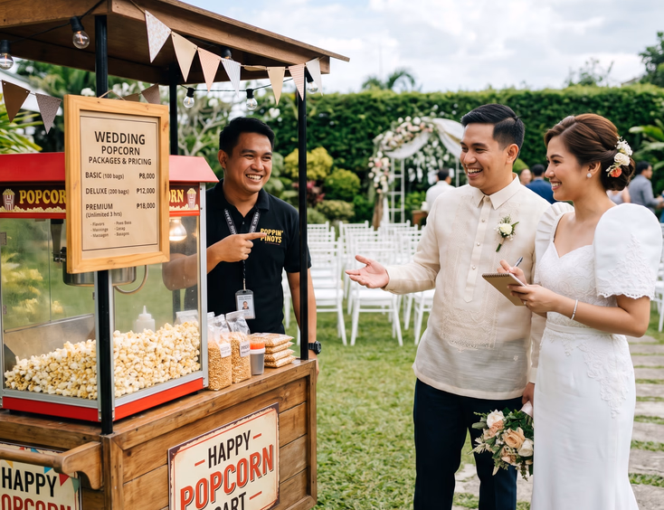 Filipino bride in modern terno gown and groom in cream barong tagalog standing beside a retro glass popcorn machine cart while a Filipino male supplier points at a printed package menu board at a garden wedding venue with white chairs and green hedges