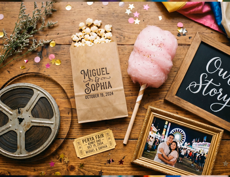 Styled flat lay on a wooden table featuring a monogrammed kraft paper popcorn bag, pink cotton candy cone, vintage film reel, carnival ticket stub, framed photo of a Filipino couple at a perya fair, confetti, and a cursive chalkboard sign at a Filipino wedding reception