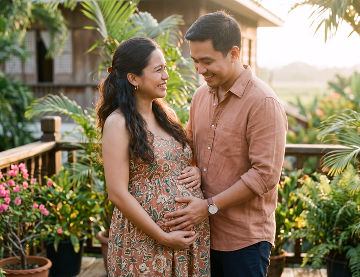 A pregnant Filipino woman and her partner stand close, his hands resting gently on her baby bump in a warm, tender mood with soft natural light.