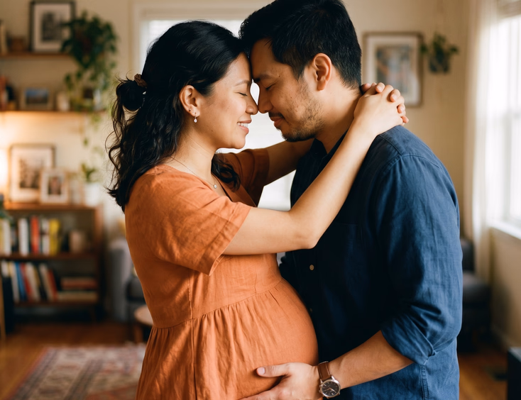 A pregnant Filipino woman and her partner share an intimate, quiet moment, foreheads together with the bump in between, in soft warm light.