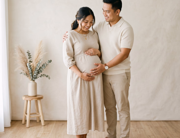 A pregnant Filipino woman and her partner in coordinated neutral-toned outfits stand together, her bump the focus in clean soft studio light.