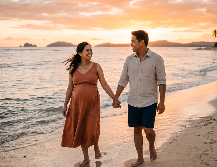 A pregnant Filipino woman and her partner walk hand in hand on a Philippine beach at golden hour, with an open horizon and warm, romantic mood.