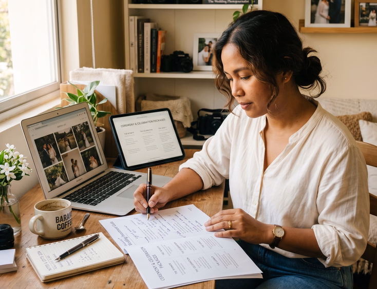 Filipino wedding photographer reviewing a printed wedding pricing sheet draft at her desk in a Quezon City home studio.