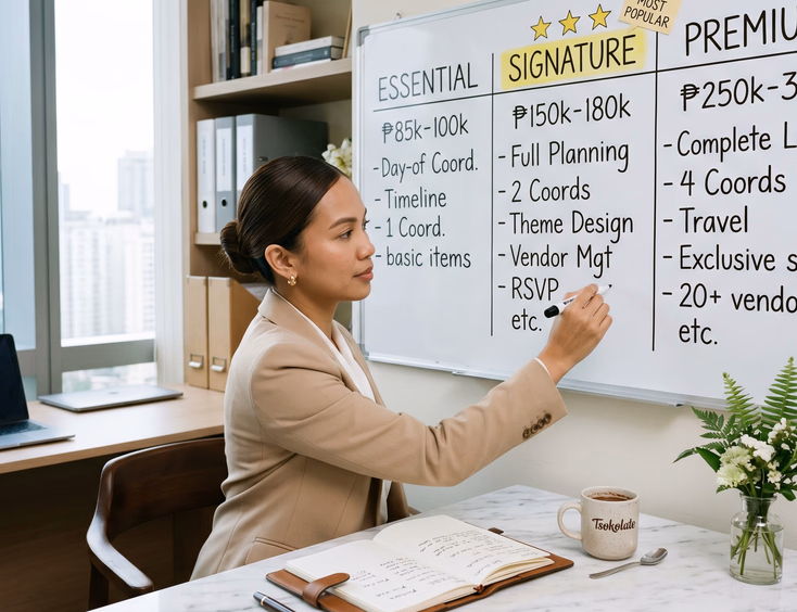 Filipino wedding coordinator mapping out three package tiers on a whiteboard in her Makati office.
