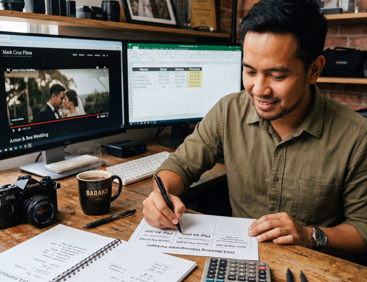 Filipino wedding videographer writing down package pricing on a worksheet in his Marikina studio.