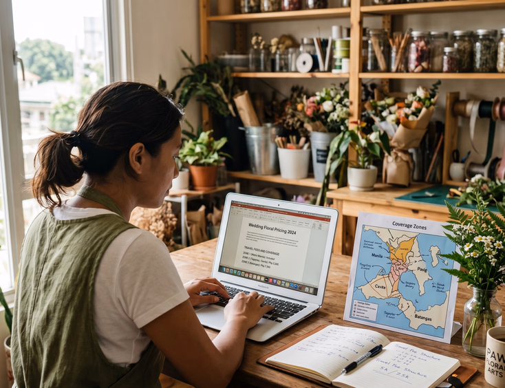 Filipino wedding florist drafting a travel fee and coverage section on her laptop in a Pasig studio.