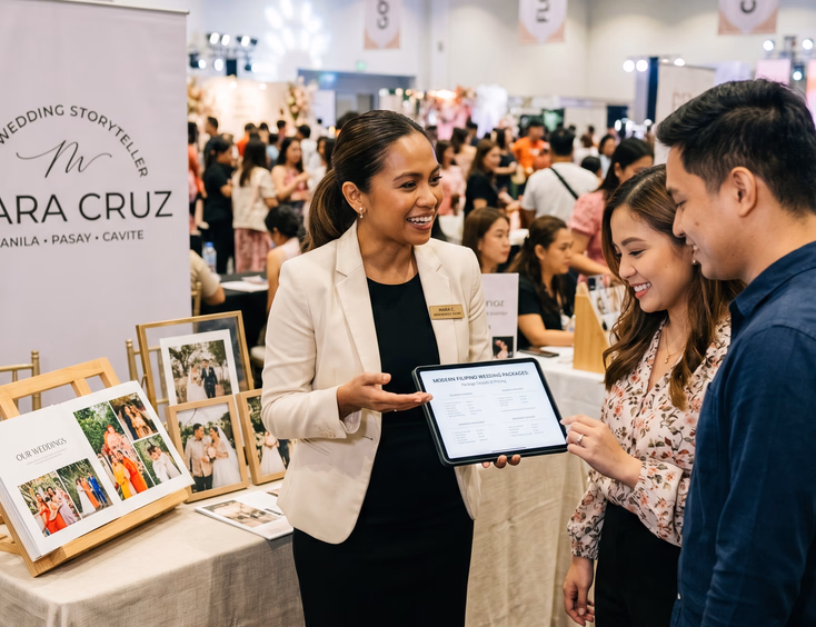 Filipino wedding coordinator presenting wedding packages on a tablet to a couple at a Pasay bridal fair.