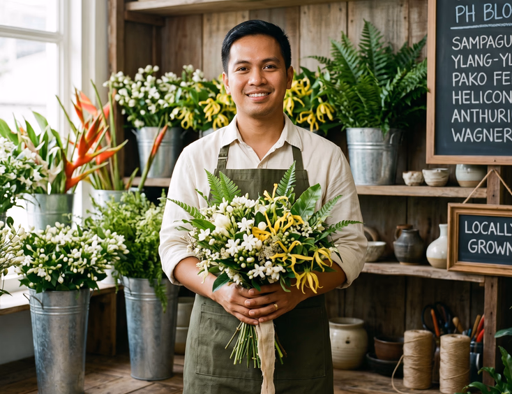 Filipino wedding florist holding a bouquet of local Philippine blooms in his Marikina flower studio.