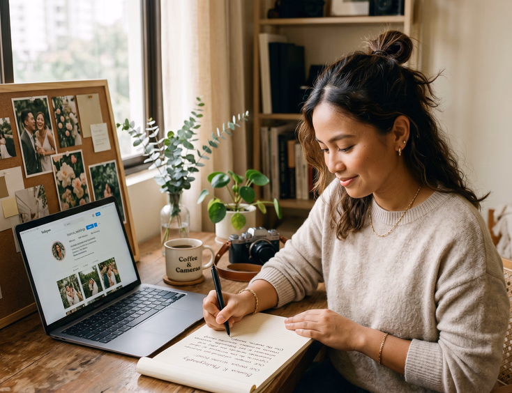 Filipino wedding photographer working on a notepad and laptop at her Quezon City home studio desk.