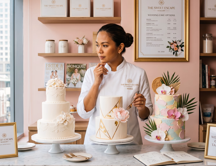 Filipino wedding cake designer examining cake samples on a counter in her Makati bakery.