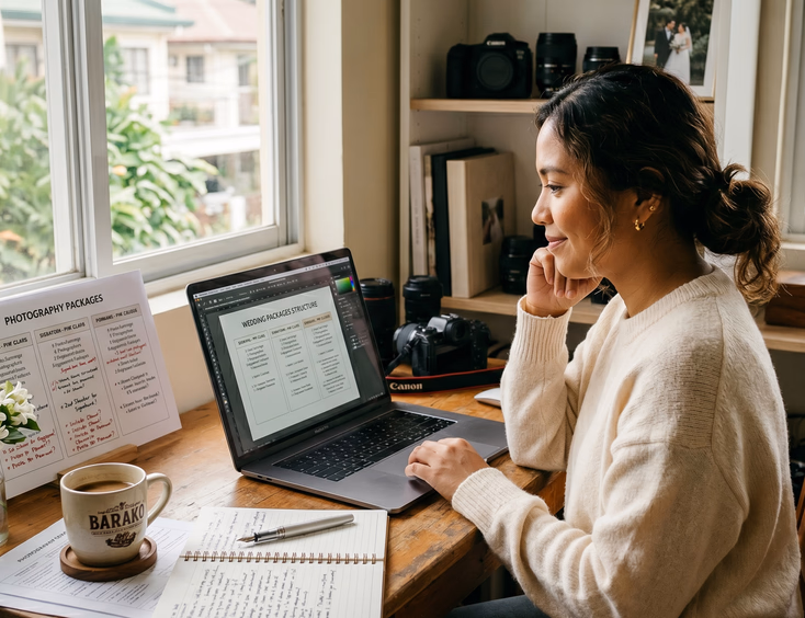 Filipino wedding photographer in her Quezon City home studio designing a three-tier package on her laptop.