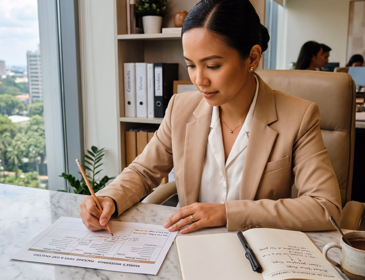 Filipino wedding coordinator in her Makati office calculating pricing for three wedding package tiers.