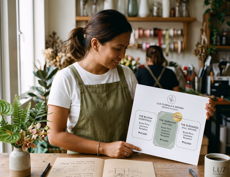Filipino wedding florist in her Pasig studio reviewing a three-tier wedding pricing sheet layout.