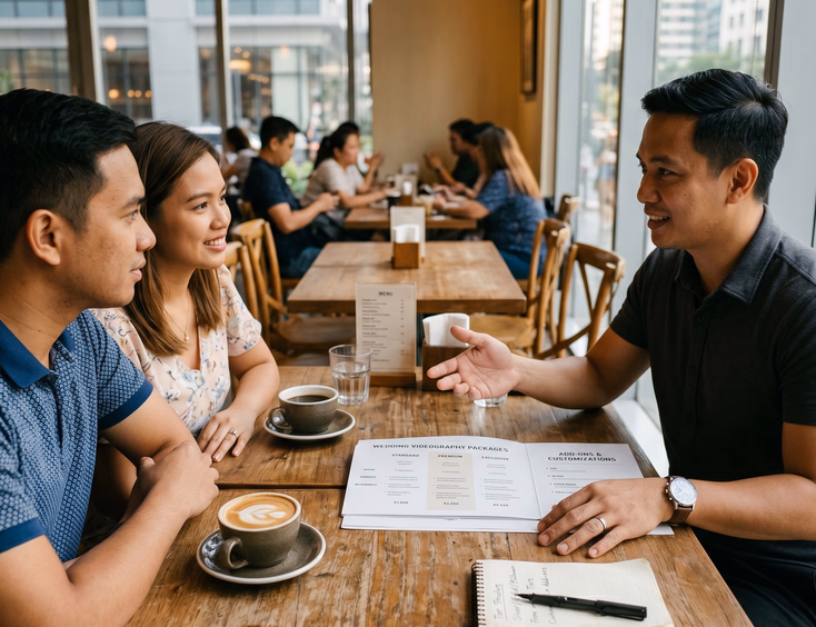 Filipino wedding videographer explaining package tiers to an engaged couple at a Bonifacio Global City café.