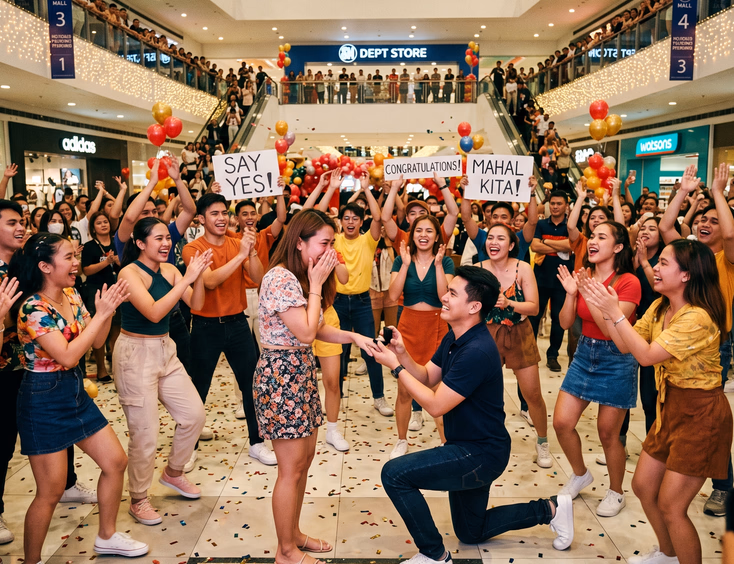 A young Filipino man proposes on one knee in a busy shopping mall atrium surrounded by a cheering flash mob dancers and friends.