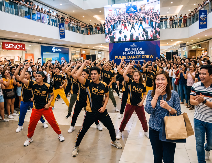 Filipino dancers perform an energetic flash mob routine in a mall atrium as a surprised woman and her partner watch the spectacle unfold.