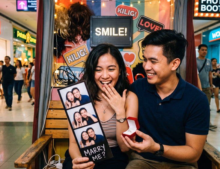 A young Filipino man holds a ring in a mall photo booth as his partner is surprised by the proposal message on the printed photo strip.