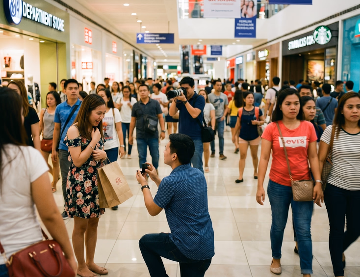 A Filipino proposal photographer with a telephoto lens blends into a busy shopping mall crowd to discreetly capture a surprise engagement.