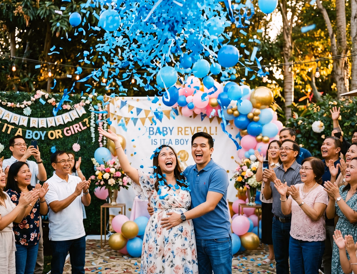 A joyous Filipino couple laughs as colorful confetti and balloons burst around them at a festive outdoor gender reveal party.