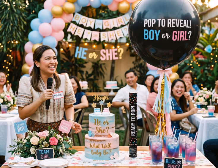 A festive Filipino party table features creative gender reveal items like a tinted cake, confetti cannon, and color-changing drinks.