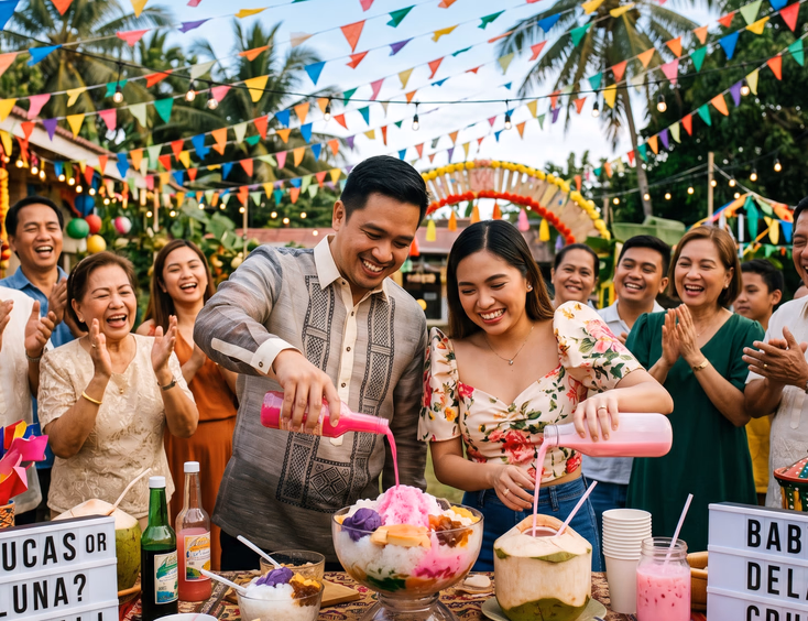 An expectant Filipino couple pours colored syrup into halo-halo at a fiesta-themed gender reveal party with colorful banderitas.
