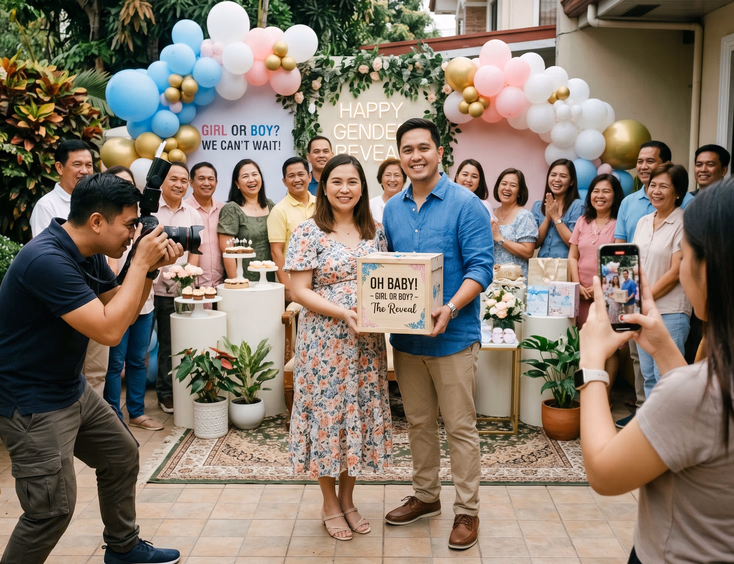A Filipino family captures a gender reveal on camera and phone while the happy couple holds a special sealed reveal prop in soft light.