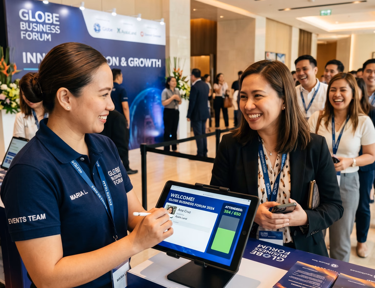 Filipino events planner mapping out corporate event risks on a whiteboard under likelihood and impact columns with a colleague.