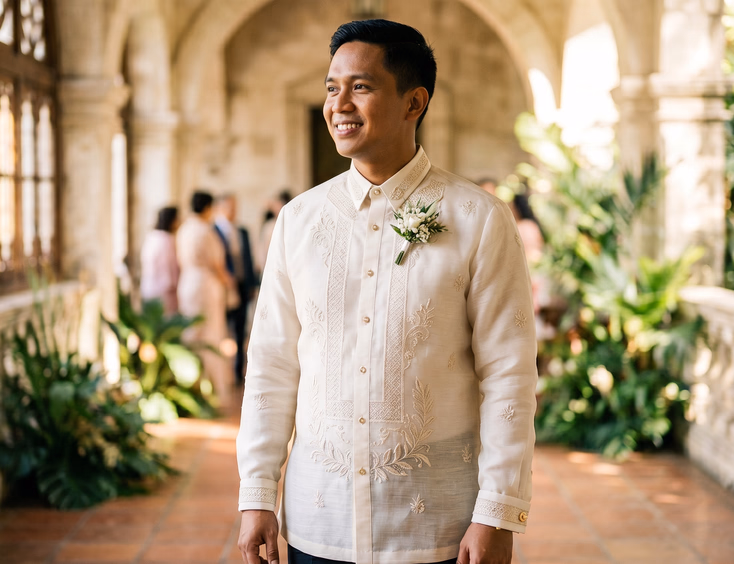 Filipino groom in cream piña barong Tagalog with detailed embroidery and gold cufflinks standing in sunlit church corridor with cream stone arches, three-quarter body shot, editorial wedding photography